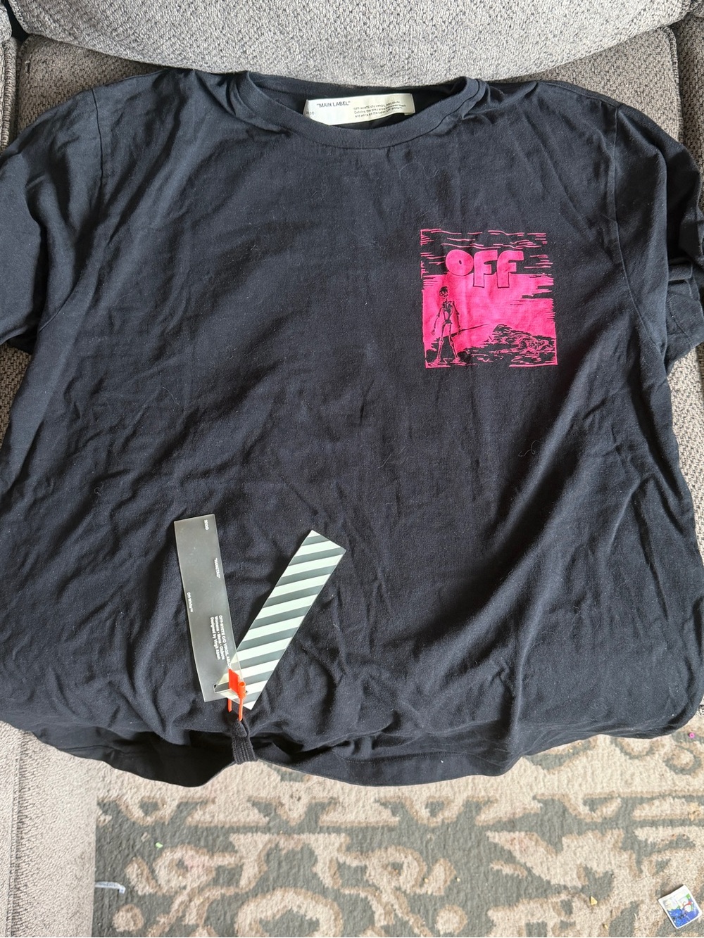 Off-White Black Men’s small Tee with Neon Pink Chest Graphic